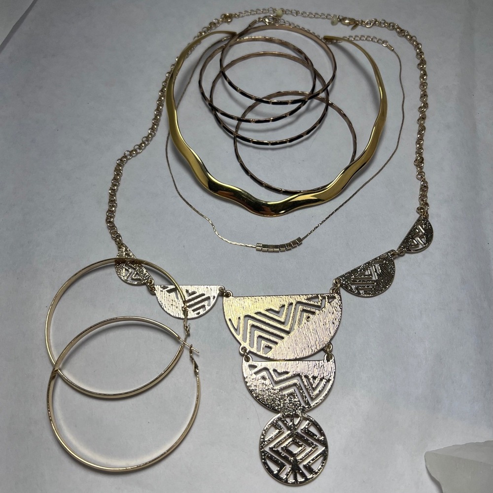 Gold Tone Jewelry Statement Geometric Bib Necklace Hoop Earrings Bangles 8pc